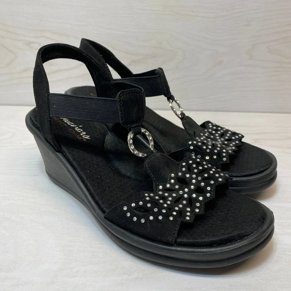 Skechers Womens 7 Beverly Hot Tottie Wedge Sandals Black Rhinestone Memory Foam